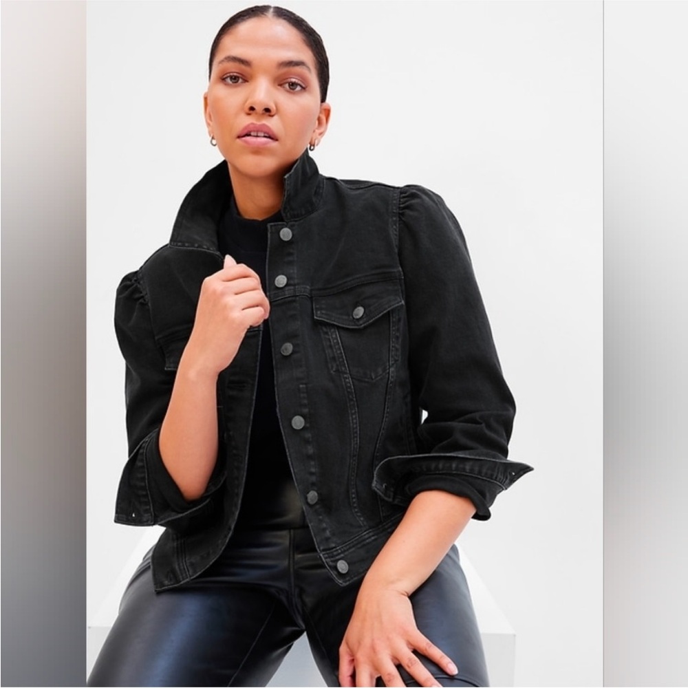 Gap Black Denim Puff Sleeve Jean Jacket Size Small NEW - Picture 2 of 7